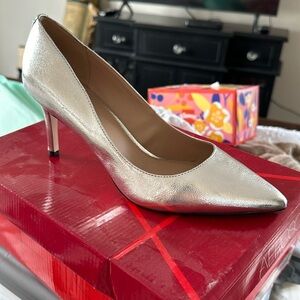 NWT. Stunning silver metallic leather pointy pumps.